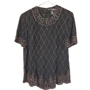 Vintage Cristal Collection Black Silk Beaded Blouse Medium